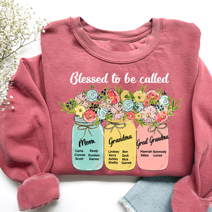Personalized Blessed to Be Called Mom Grandma Great Grandma Sweatshirt – Custom Family Name Flowers Gift