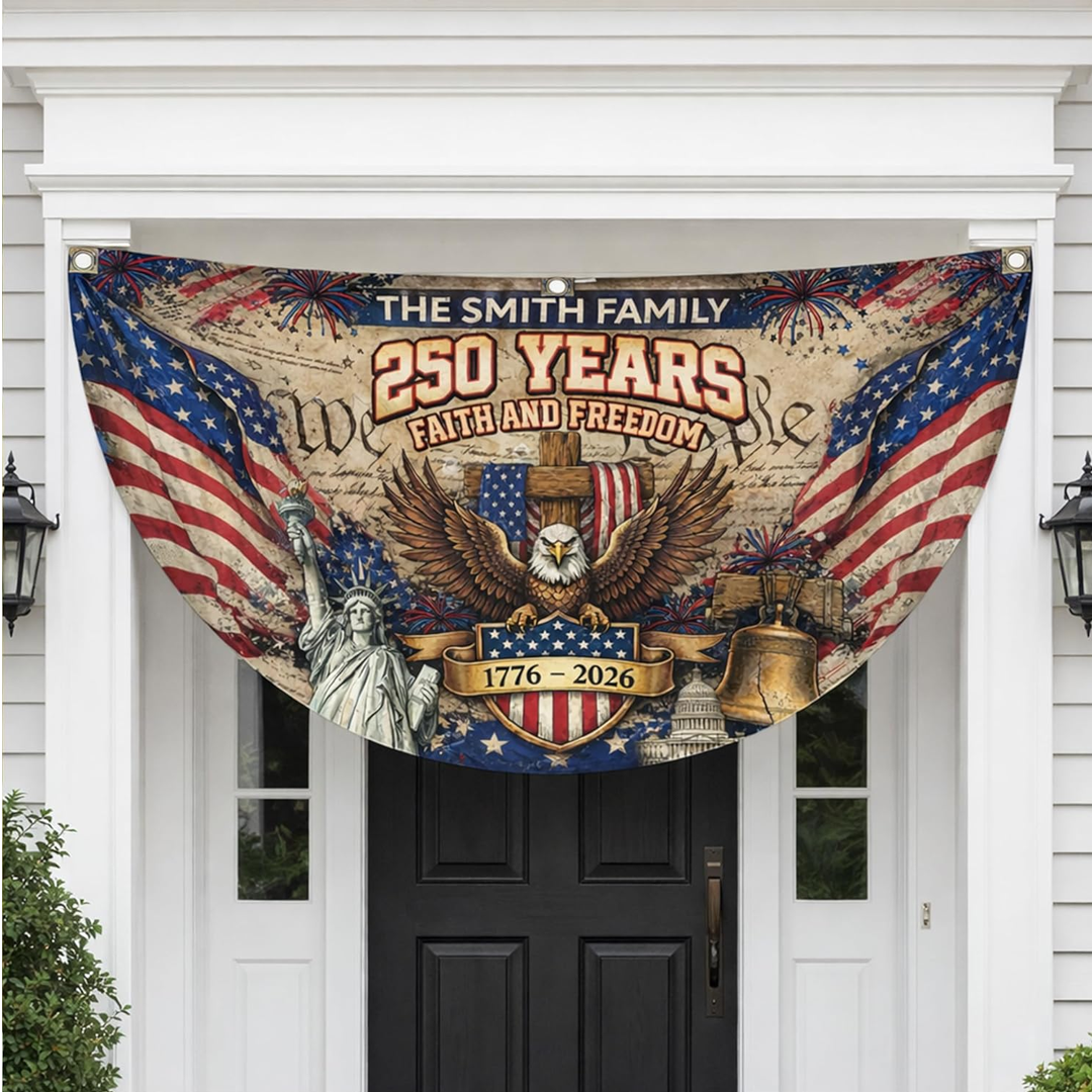 1776–2026 Birthday Fan Flag Custom Family Name, Personalized 4th of July 250th Anniversary USA Outdoor Banner, Patriotic Gift, 250 Years Of Freedom