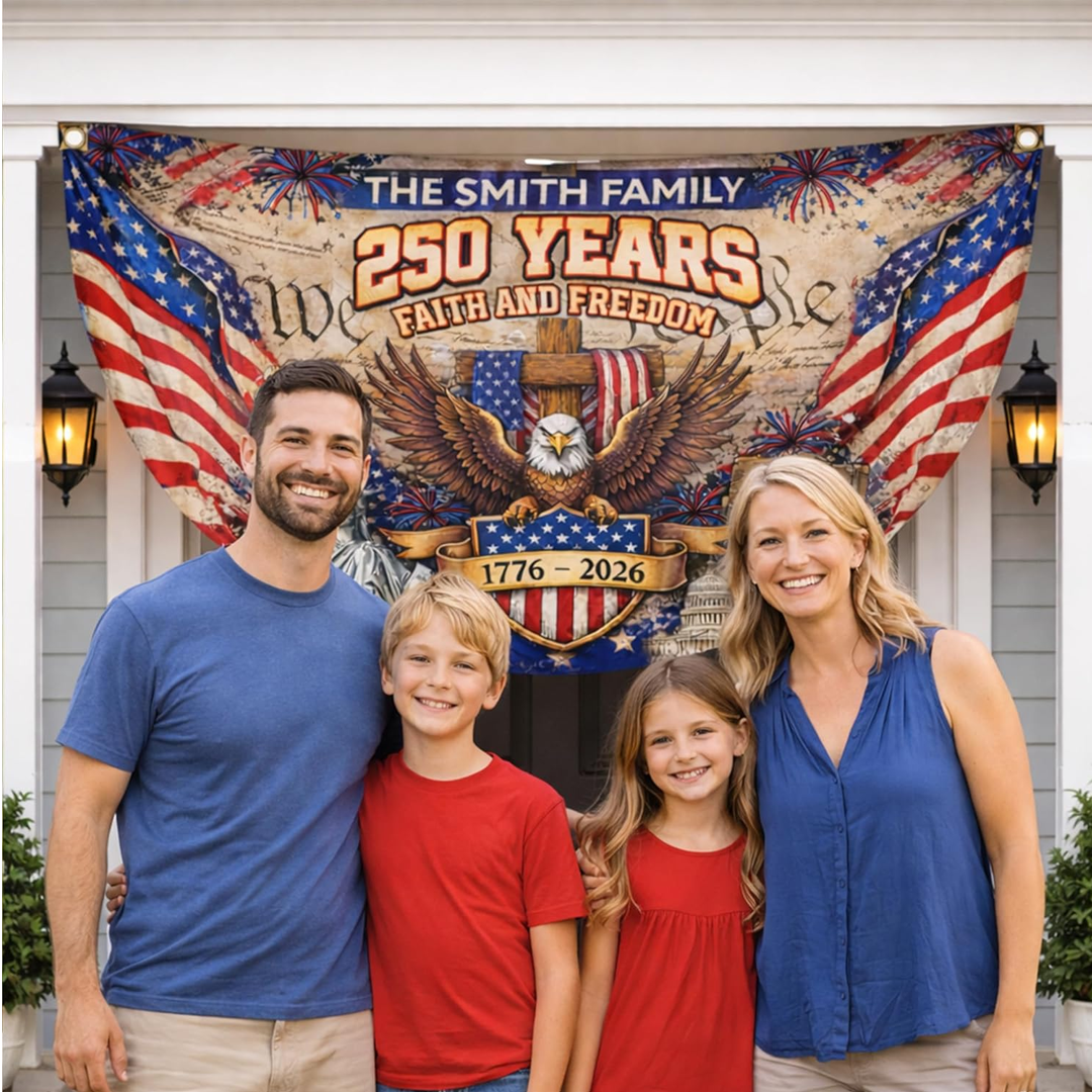 1776–2026 Birthday Fan Flag Custom Family Name, Personalized 4th of July 250th Anniversary USA Outdoor Banner, Patriotic Gift, 250 Years Of Freedom