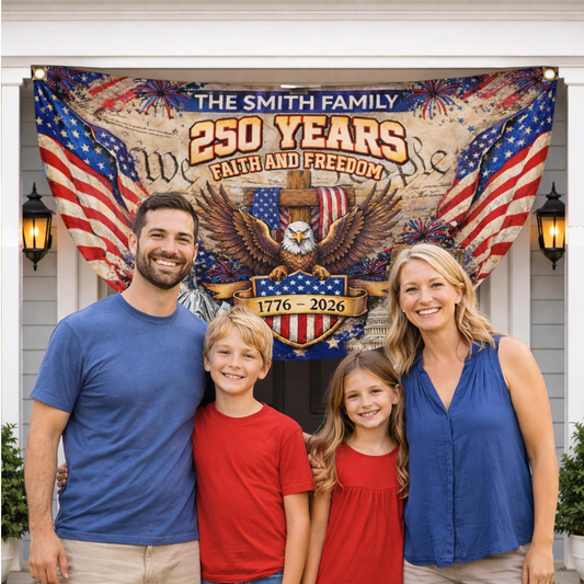 1776–2026 Birthday Fan Flag Custom Family Name, Personalized 4th of July 250th Anniversary USA Outdoor Banner, Patriotic Gift, 250 Years Of Freedom