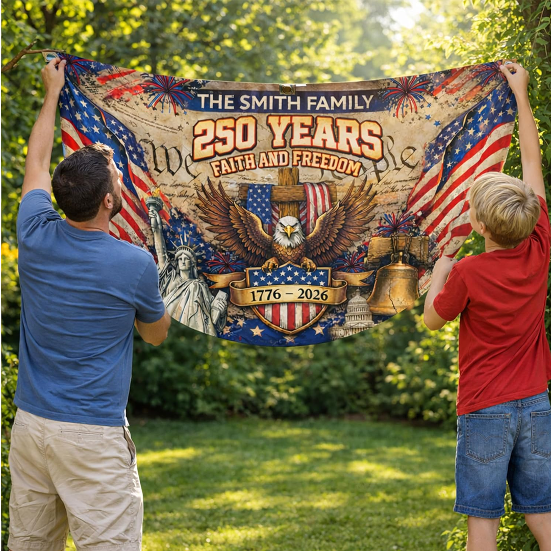1776–2026 Birthday Fan Flag Custom Family Name, Personalized 4th of July 250th Anniversary USA Outdoor Banner, Patriotic Gift, 250 Years Of Freedom