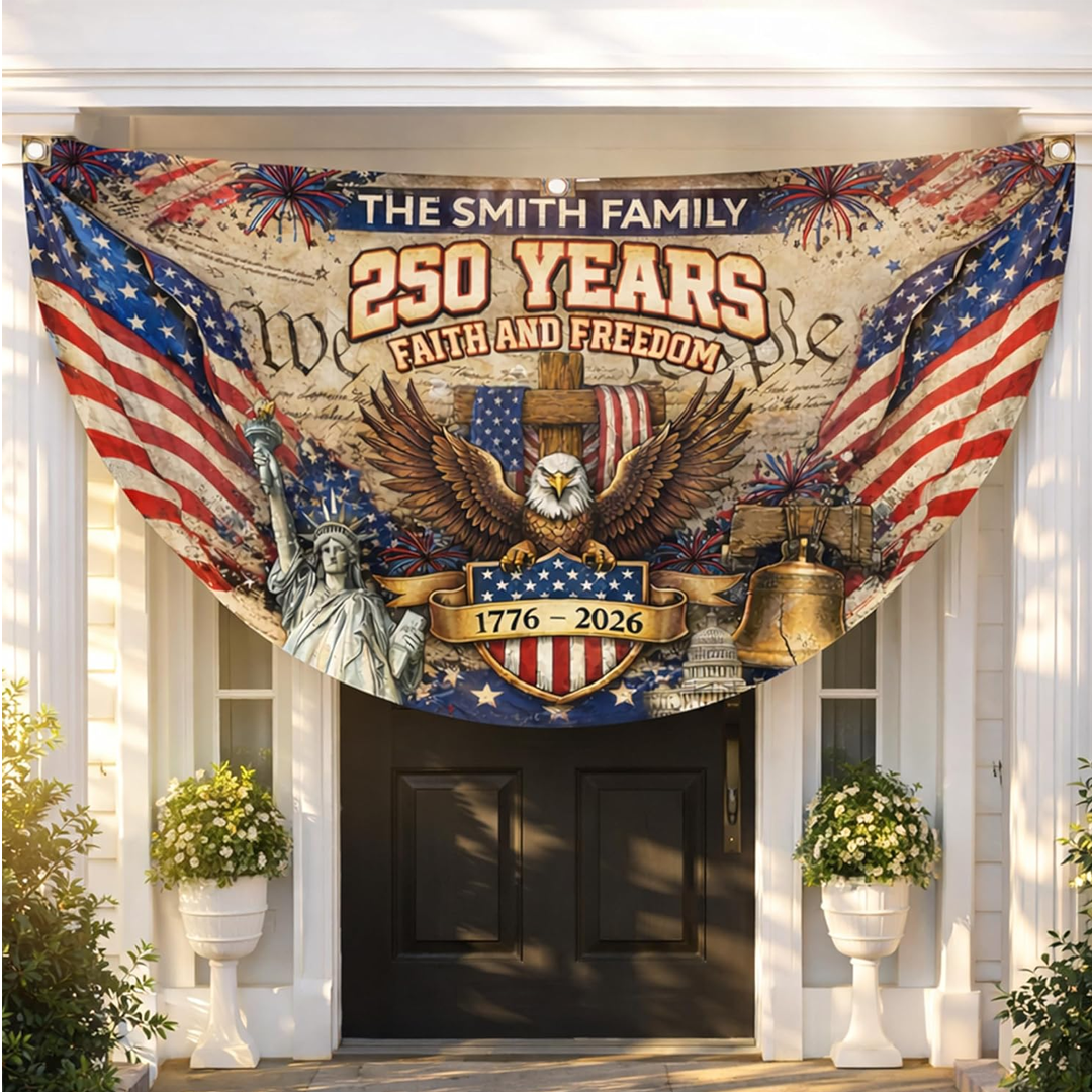 1776–2026 Birthday Fan Flag Custom Family Name, Personalized 4th of July 250th Anniversary USA Outdoor Banner, Patriotic Gift, 250 Years Of Freedom