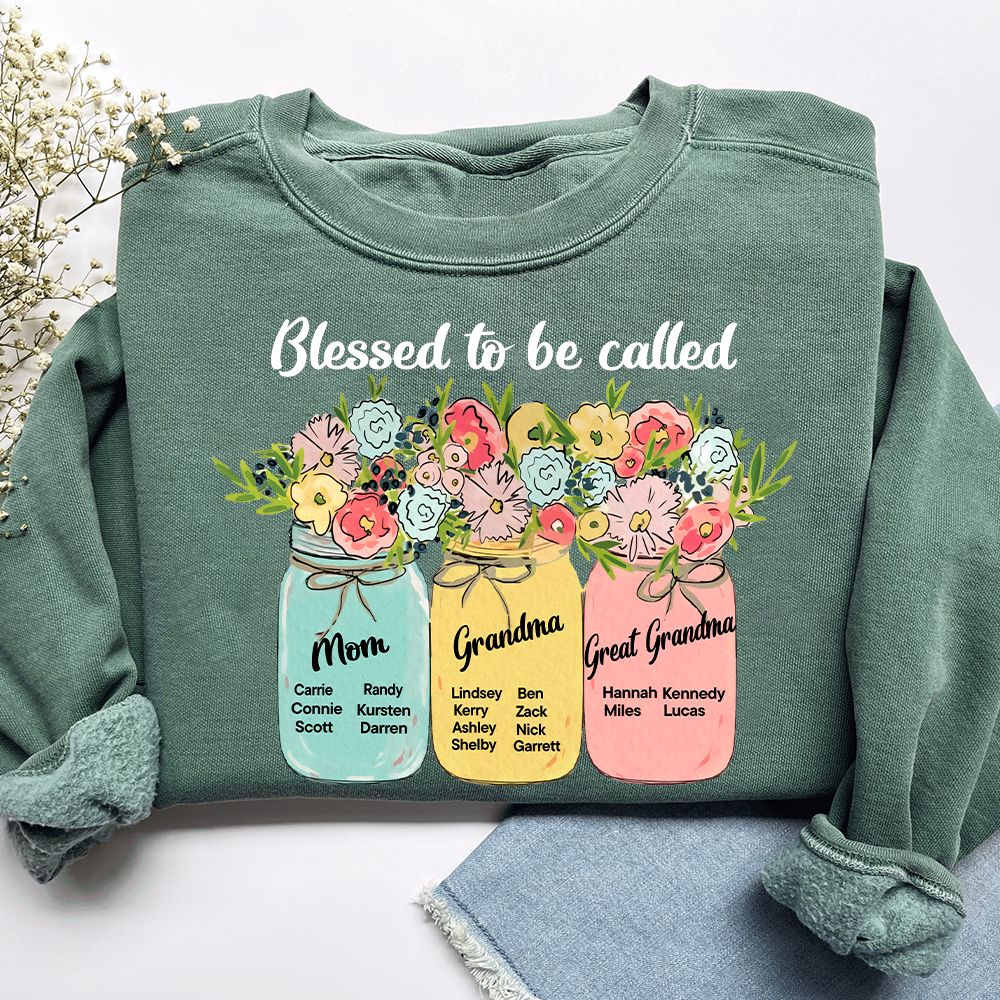 Personalized Blessed to Be Called Mom Grandma Great Grandma Sweatshirt – Custom Family Name Flowers Gift