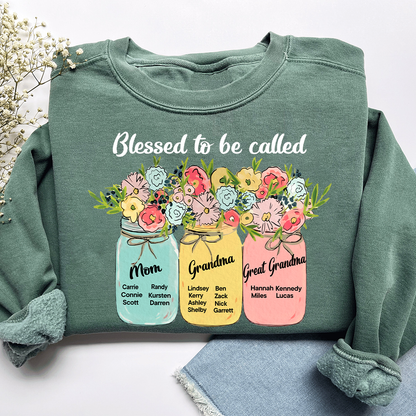 Personalized Blessed to Be Called Mom Grandma Great Grandma Sweatshirt – Custom Family Name Flowers Gift