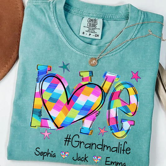 Comfort Colors Love Grandma Life Shirt Comfort Colors Graphic Tee Personalized Grandkids Names Colorful Heart Design Family Gift for Grandma Mother's Day Birthday