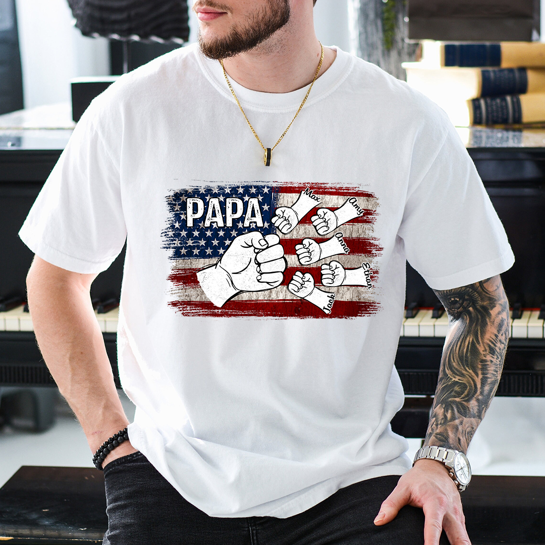 Comfort Colors® Papa Fist Bump Shirt with Kids Names – American Flag Custom T-Shirt for Dad