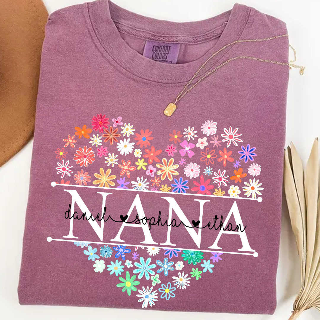 Comfort Colors Personalized Nana Flower Heart Shirt, Custom Grandma Nickname Tee With Kids Names, Mimi Gigi Grandma Floral Heart Design Family Grandkids Name Shirt Mothers Day Grandma Apparel