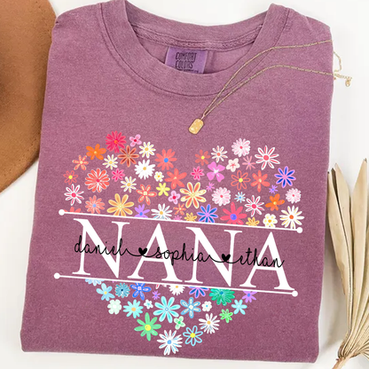Comfort Colors Personalized Nana Flower Heart Shirt, Custom Grandma Nickname Tee With Kids Names, Mimi Gigi Grandma Floral Heart Design Family Grandkids Name Shirt Mothers Day Grandma Apparel