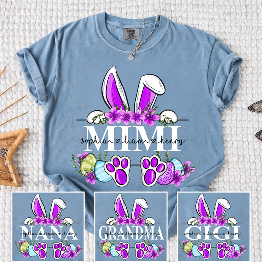 Comfort Colors Personalized Easter Bunny T-shirt | Custom Name Design for Mimi, Grandma, & Mom | Floral Easter Shirt with Bunny Ears and Paw Prints