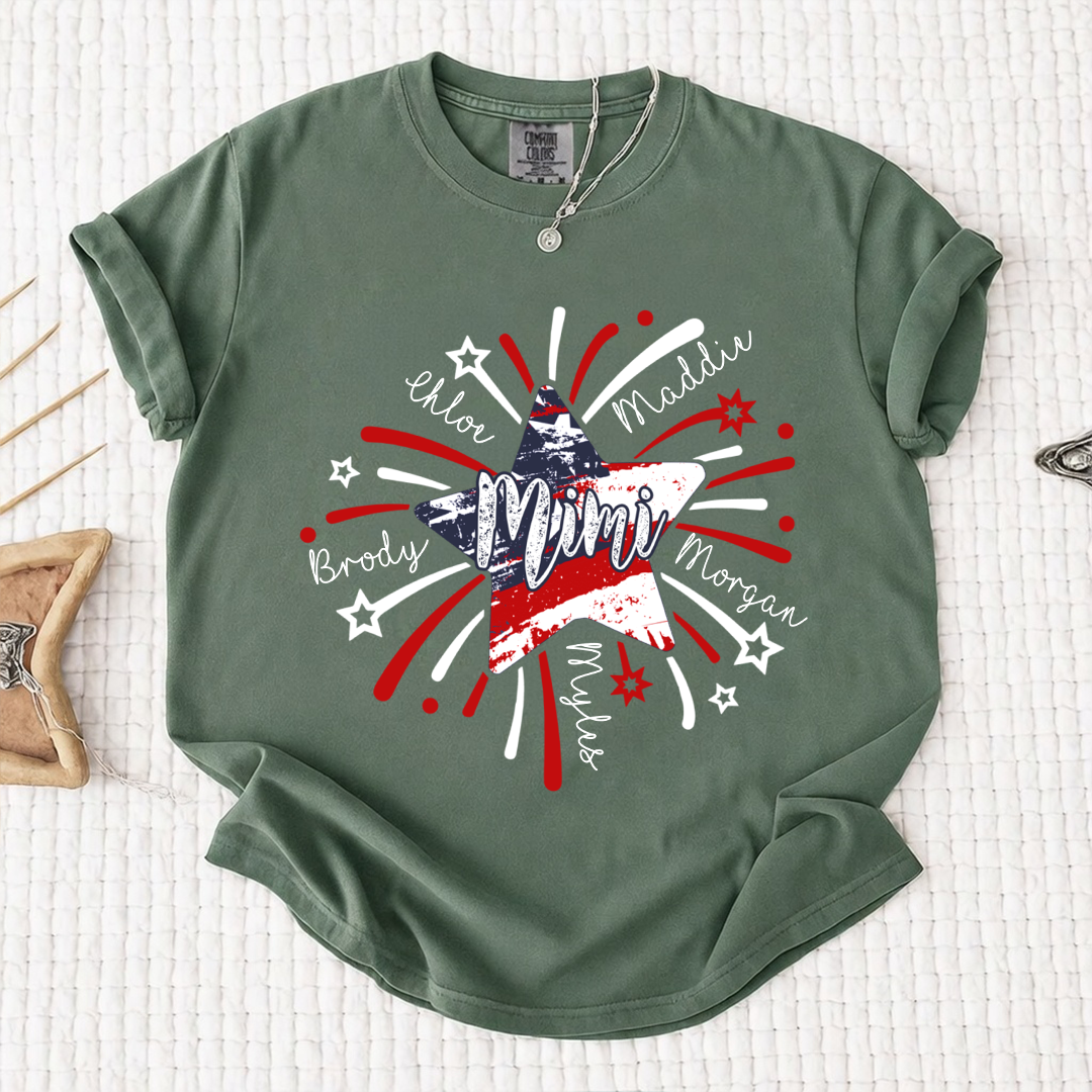 Personalized MIMI Fireworks America Flag Shirt – Custom Grandma Tee with Grandkids Names