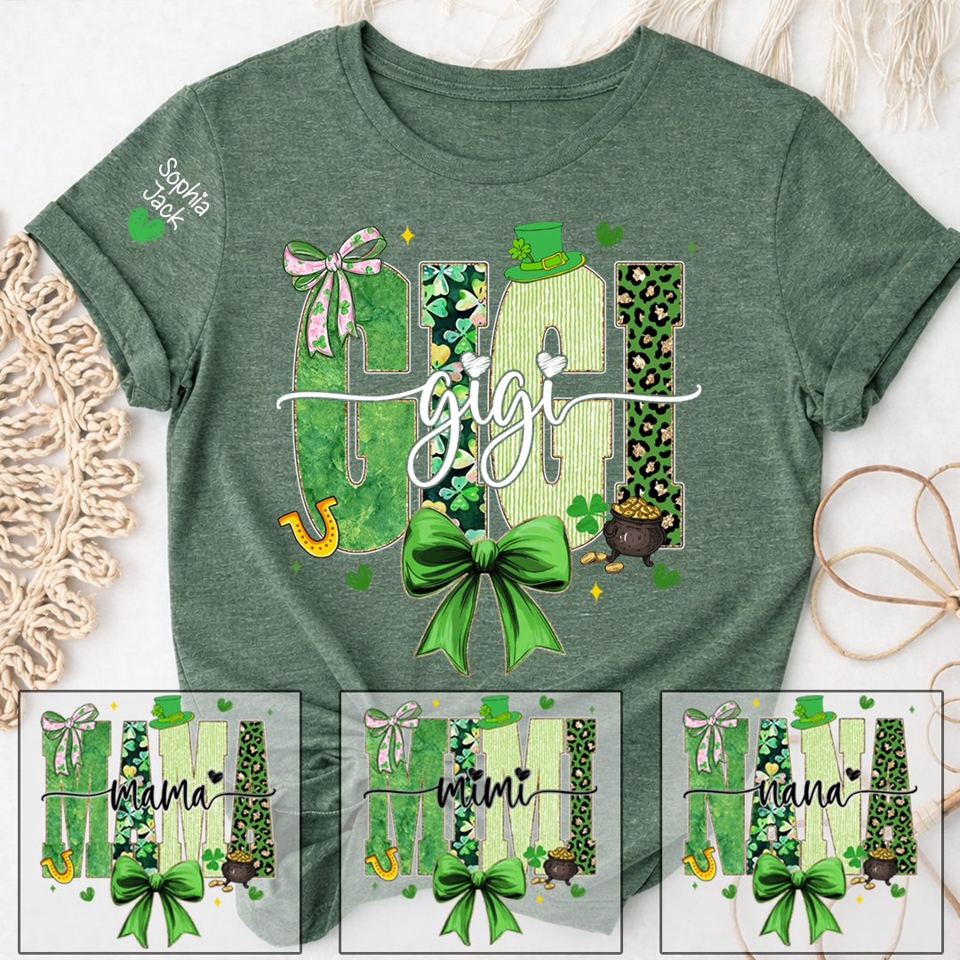 Gigi St Patrick’s Day Shirt, Green Shamrock Bow Family T Shirt, For Gift Gigi And Kids