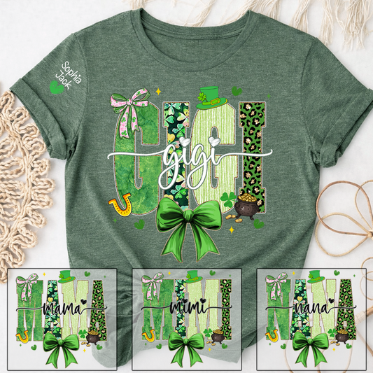 Gigi St Patrick’s Day Shirt, Green Shamrock Bow Family T Shirt, For Gift Gigi And Kids