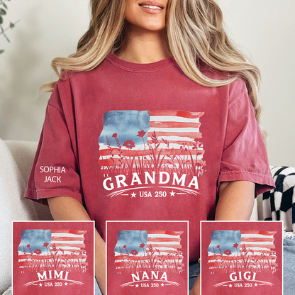 Personalized Grandma Shirt Patriotic USA Flag Wildflower Design Custom Nana Mimi Gigi Name Tee U.S. 250th Anniversary 4th of July Family Outfit