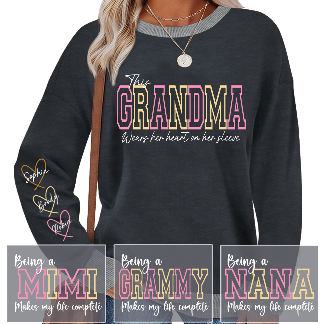 This Mimi Wears Her Heart On Her Sleeve – Personalized Sweatshirt with Grandkids’ Names, Custom Gift for Grandma, Nana & Gigi