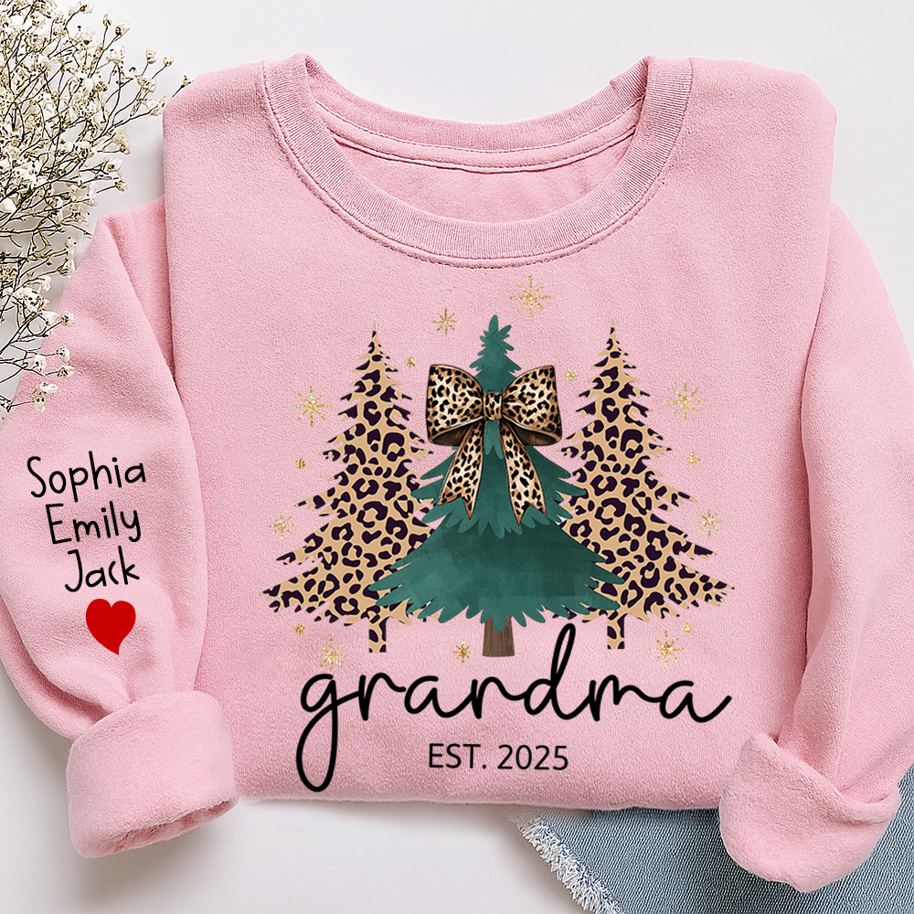Christmas Sweater Printed with Personalized Name, Leopard Christmas Tree Personalized Gift for Grandma