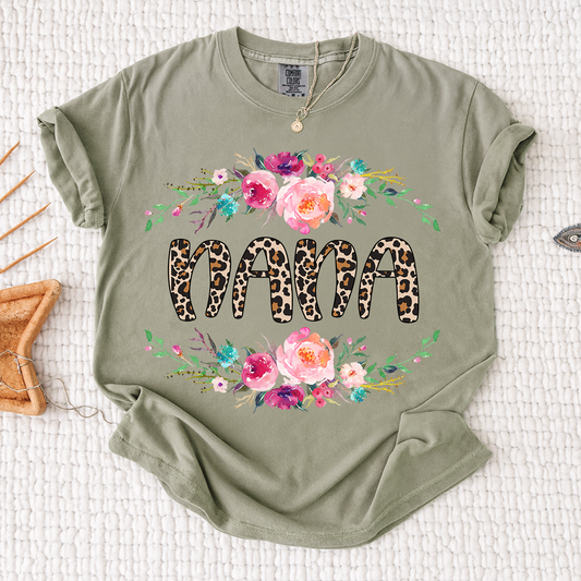 Comfort Colors Floral Leopard Nana Shirt, Personalized Floral Mama T-Shirt with Leopard Print, Gift For Mother's Day, Grandmother Apparel, Cute Floral Tee