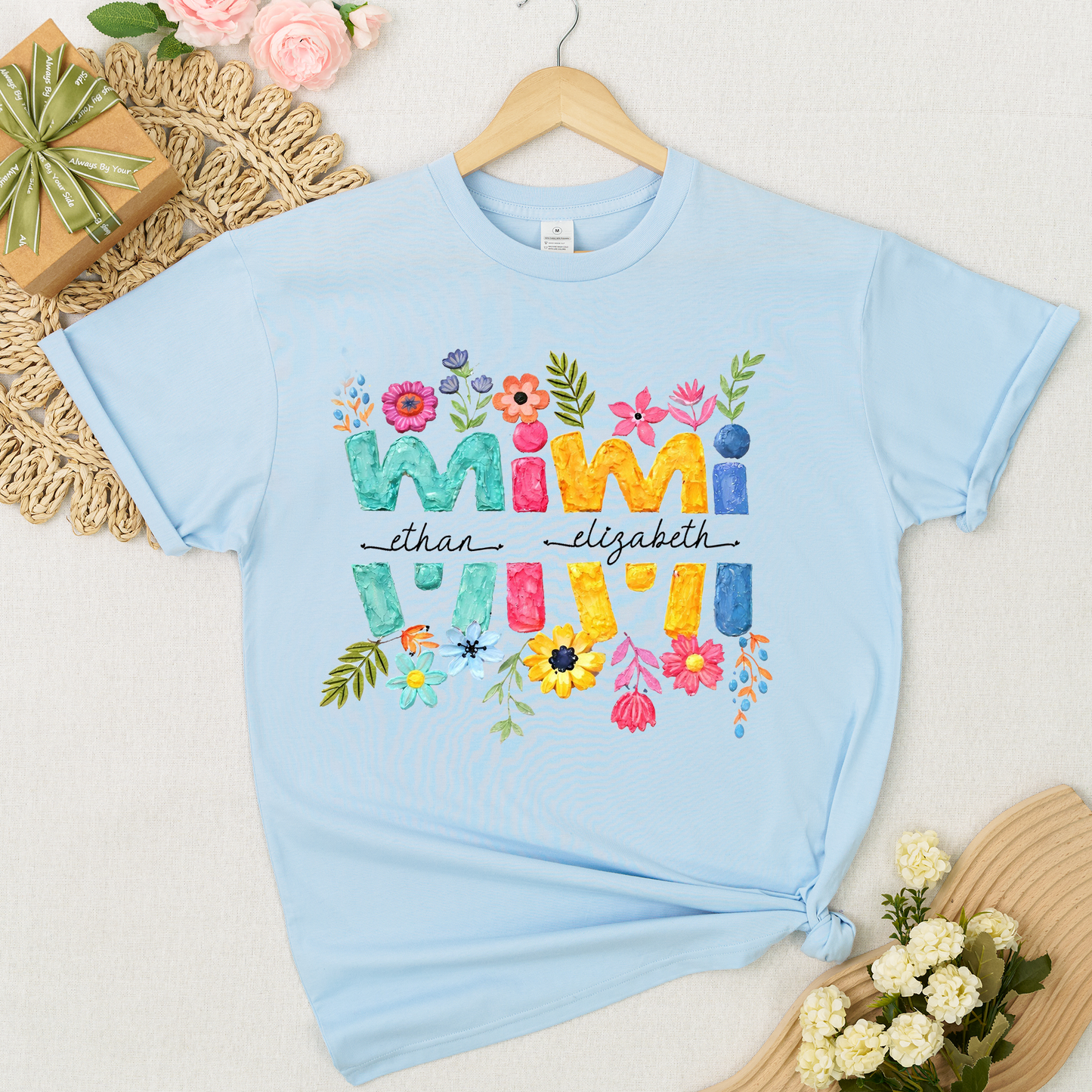 Personalized Mimi Shirt Custom Grandkids Names Floral Letter Graphic Tee Women Family Love Colorful Spring Casual Outfit Top
