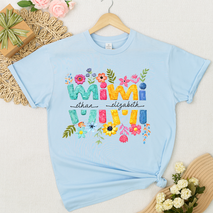 Personalized Mimi Shirt Custom Grandkids Names Floral Letter Graphic Tee Women Family Love Colorful Spring Casual Outfit Top