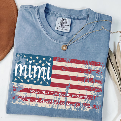 Comfort Colors Personalized Mimi American Flag Shirt With Grandkids Names, Custom Patriotic Mimi Shirt for Family, Meaningful USA Flag Design Apparel for Women and Grandma