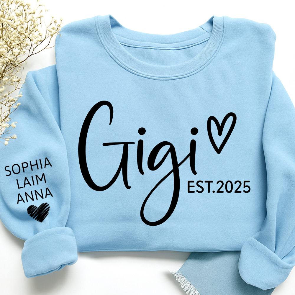 Personalized Gigi Est Heart Sweater, Gift for Grandma and Kids, Unique Gift for Grandma and Family