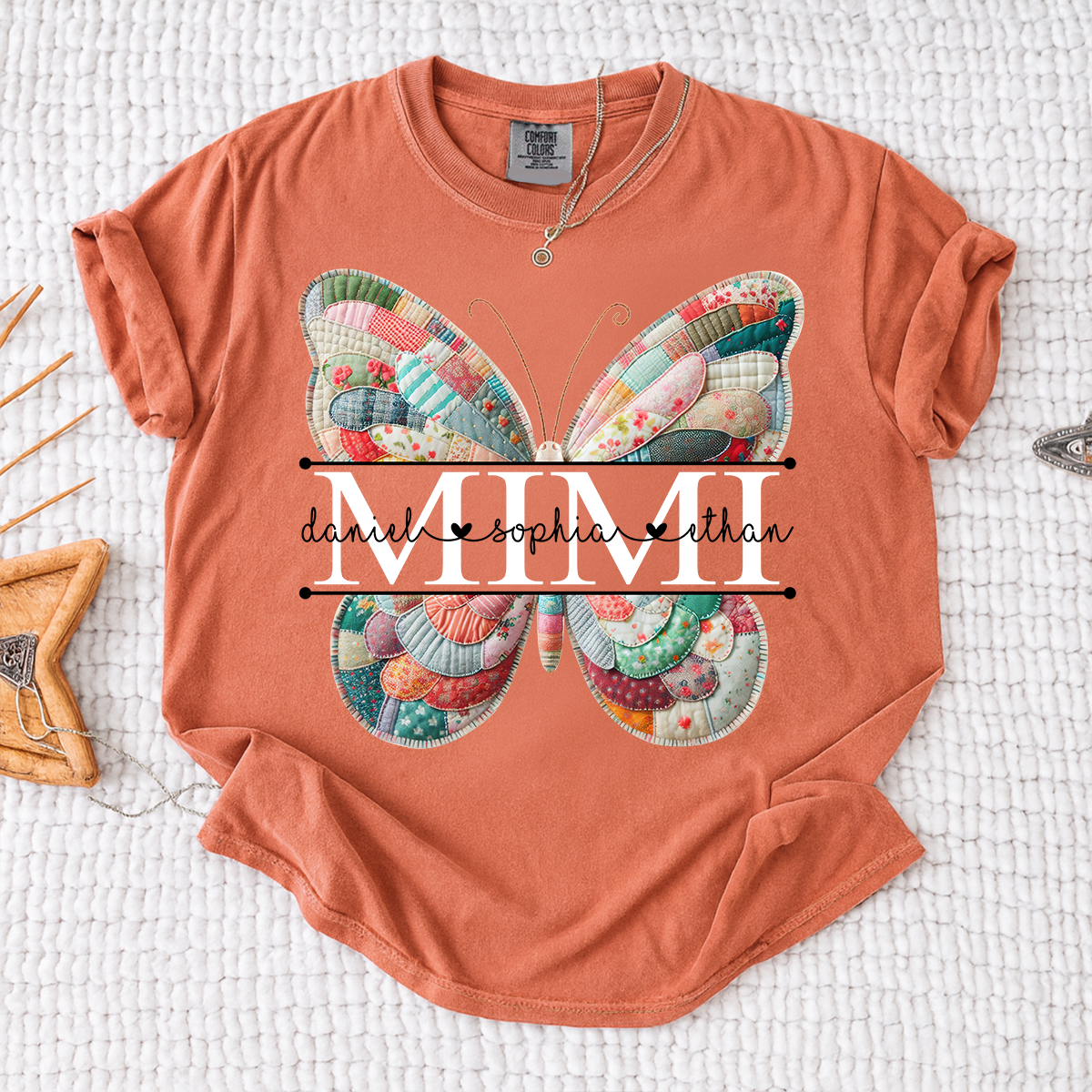 Custom Mimi T Shirt with Butterfly Patchwork Graphic, Personalized Family Names Tee