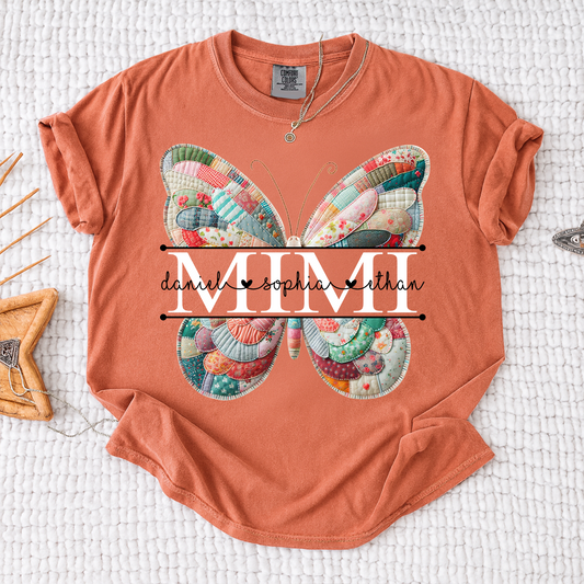 Custom Mimi T Shirt with Butterfly Patchwork Graphic, Personalized Family Names Tee