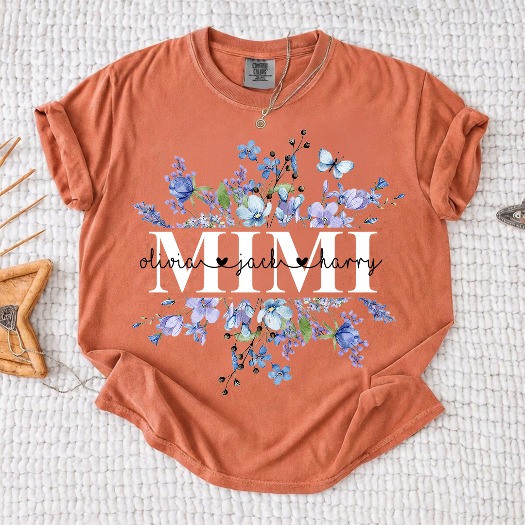 Comfort Colors Personalized Mimi Shirt Blue Wildflower Design Custom Grandma Nana Gigi Name Tee with Grandkids Names Elegant Family Outfit for Women
