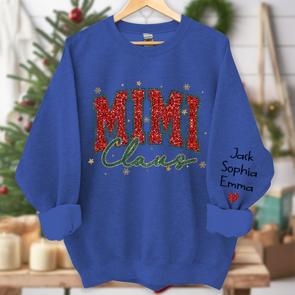 Personalized Mimi Claus Glitter Sweatshirt - Custom Christmas Sweater with Grandkids' Names - Festive Holiday Apparel for Grandmas
