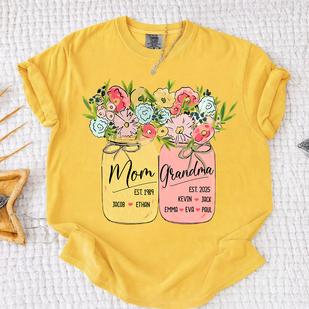 Personalized Mom Grandma Shirt Birth Flower Mason Jar Design Custom Nana Mimi Gigi Name Tee with Kids Names Meaningful Family Keepsake Gift for Women