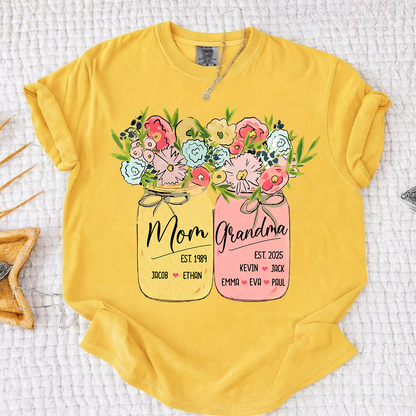 Personalized Mom Grandma Shirt Birth Flower Mason Jar Design Custom Nana Mimi Gigi Name Tee with Kids Names Meaningful Family Keepsake Gift for Women