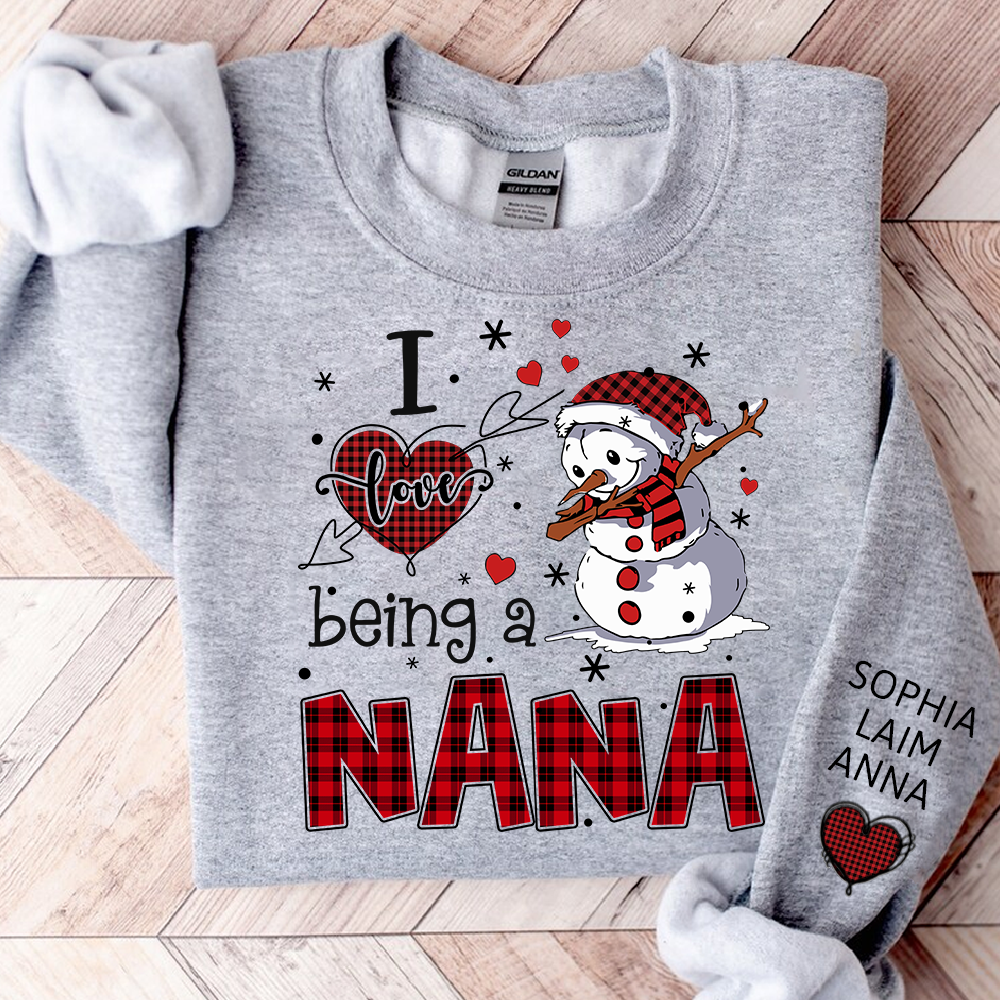 I Love Being a Nana Sweatshirt, Personalized Christmas Snowman Shirt with Kids Names