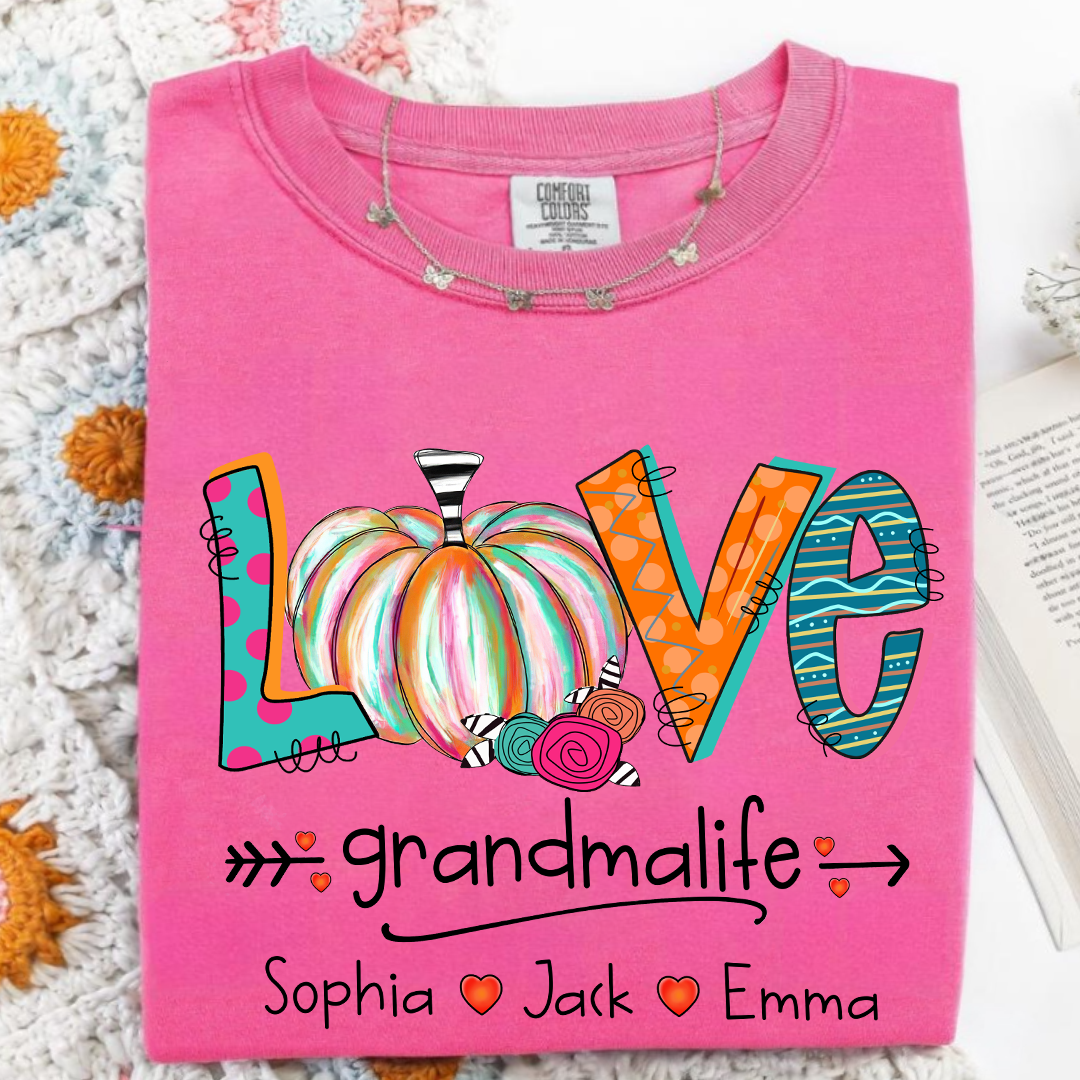 Comfort Colors® Grandma Life Pumpkin Shirt with Grandkids Names – Fall Personalized Gift for Nana, Gigi