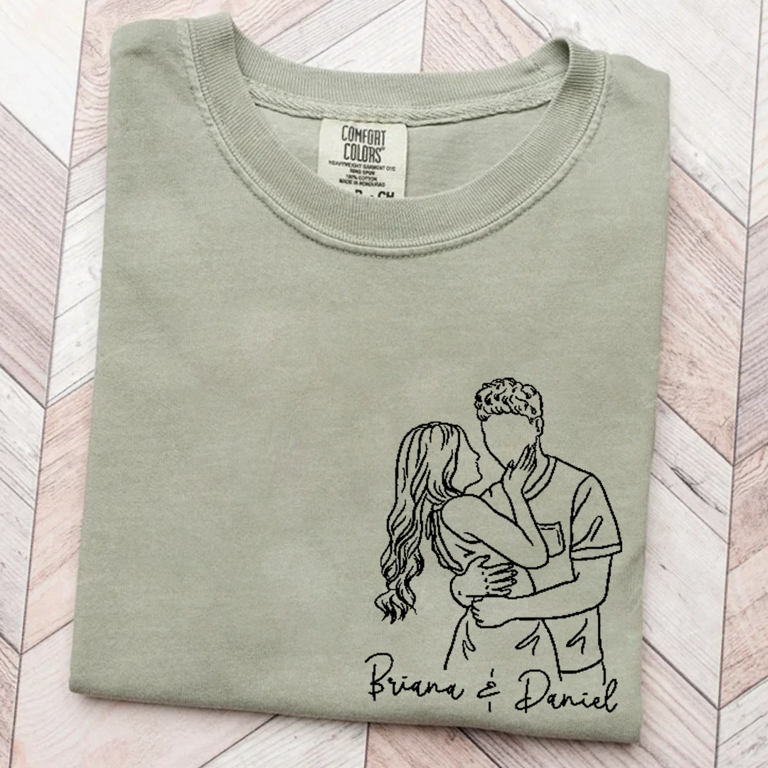 Custom Couple Line Art Comfort Colors Shirt, Personalized Photo Outline Portrait T Shirt, Matching Couple Shirt, Minimal Drawing Love Design