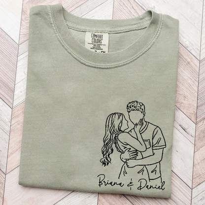 Custom Couple Line Art Comfort Colors Shirt, Personalized Photo Outline Portrait T Shirt, Matching Couple Shirt, Minimal Drawing Love Design