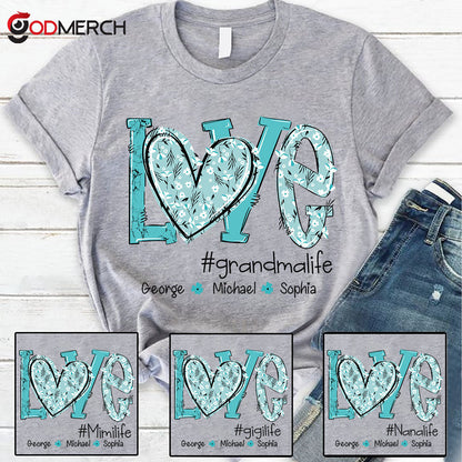 Personalized Love Grandma And Grandkids Pattern Flower Turquoise T-Shirt