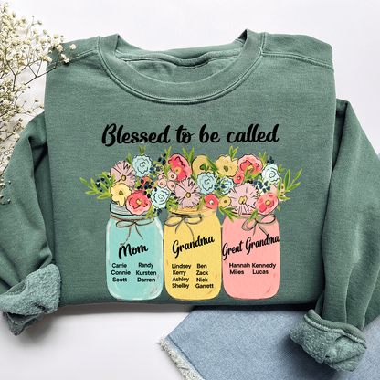 Personalized Blessed to Be Called Mom Grandma Great Grandma Sweatshirt – Custom Family Name Flowers Gift