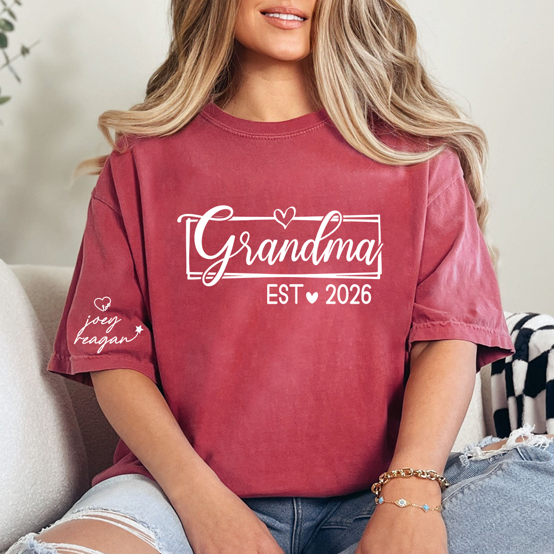 Grandma Est 2026 Shirt Graphic Tee Personalized Grandma Established Year Custom Sleeve Names Family Gift for New Grandma Mother’s Day Birthday