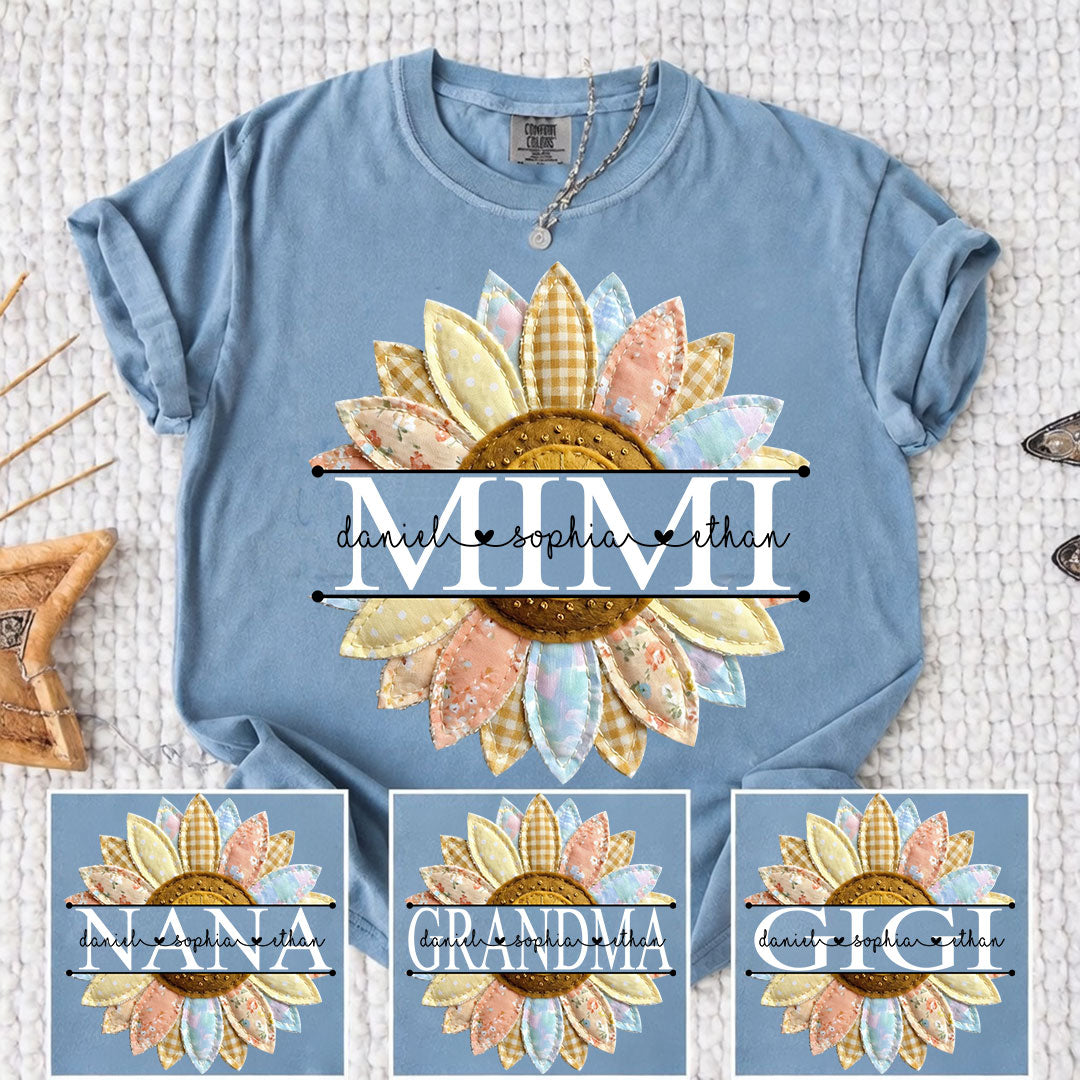 Comfort Colors Personalized Mimi Sunflower Patchwork Shirt Custom Grandma Nickname Tee With Grandkids Names Nana Gigi Grandma Floral Sunflower Design Family Gift Mothers Day Grandma Apparel