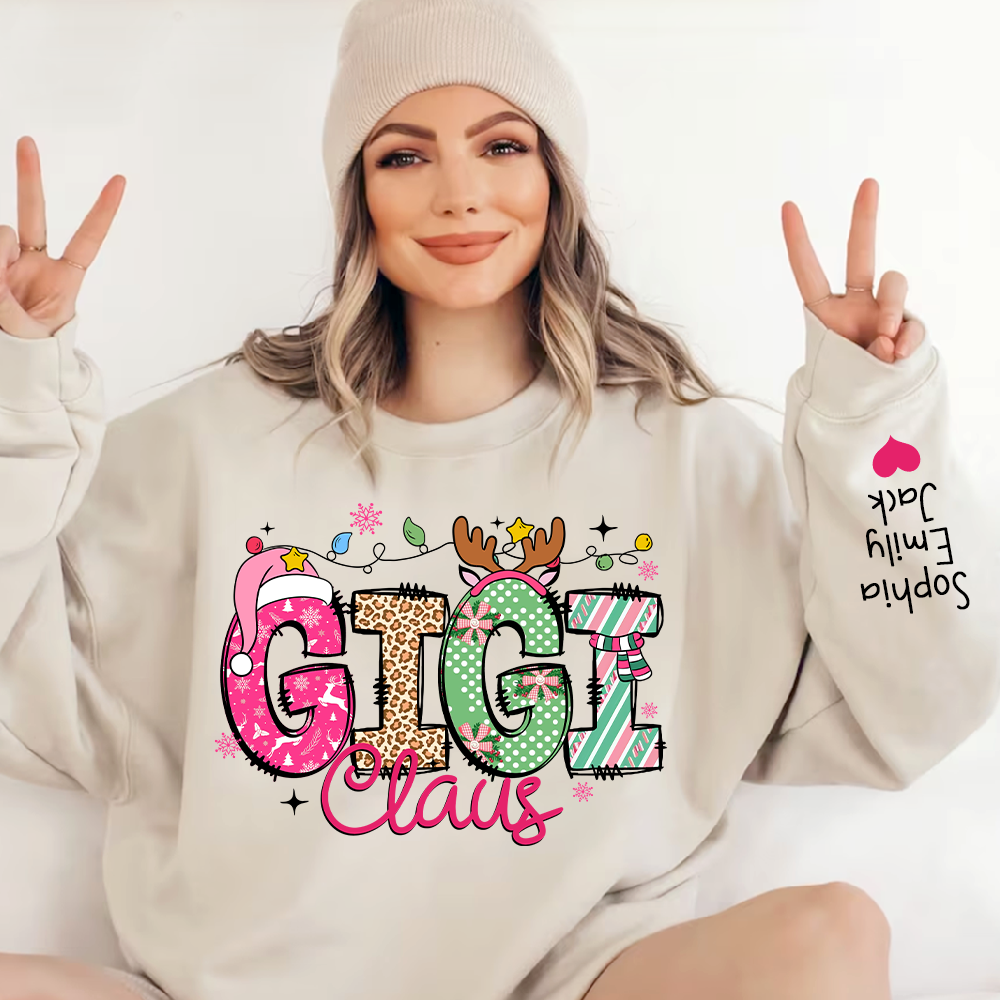 Personalized Grandma Sweatshirt, Merry Christmas Design with Grandchild's Name on Sleeve