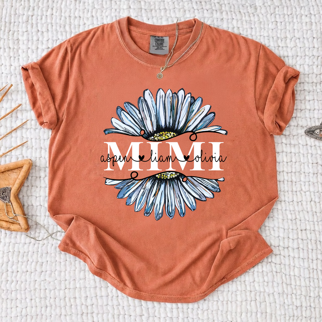 Comfort Colors Personalized Daisy T-shirt for Mimi, Grandma, and Nana | Custom Name Design with Floral Graphic | Spring Family Shirt