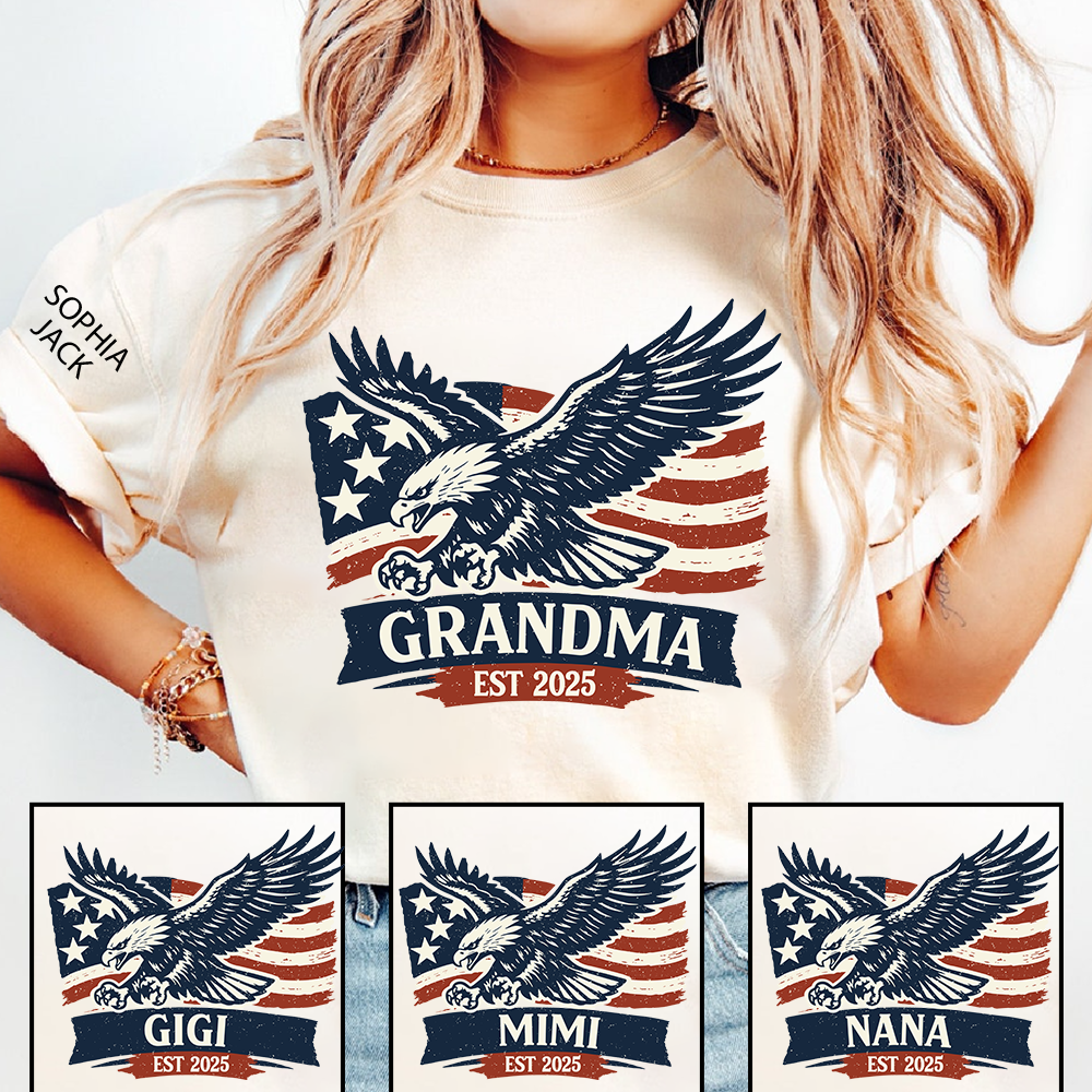 Personalized Grandma Shirt Patriotic Eagle and American Flag Design Custom Mimi Nana Gigi Name Tee EST. 2025 Family Gift for Her