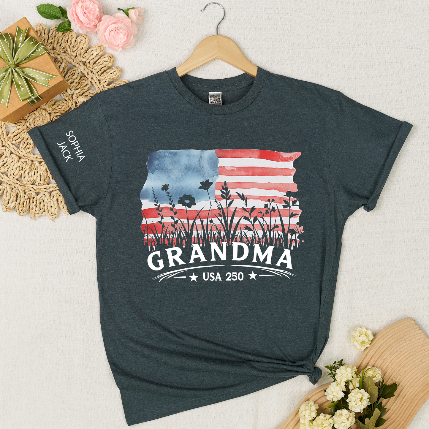 Personalized Grandma Shirt Patriotic USA Flag Wildflower Design Custom Nana Mimi Gigi Name Tee U.S. 250th Anniversary 4th of July Family Outfit