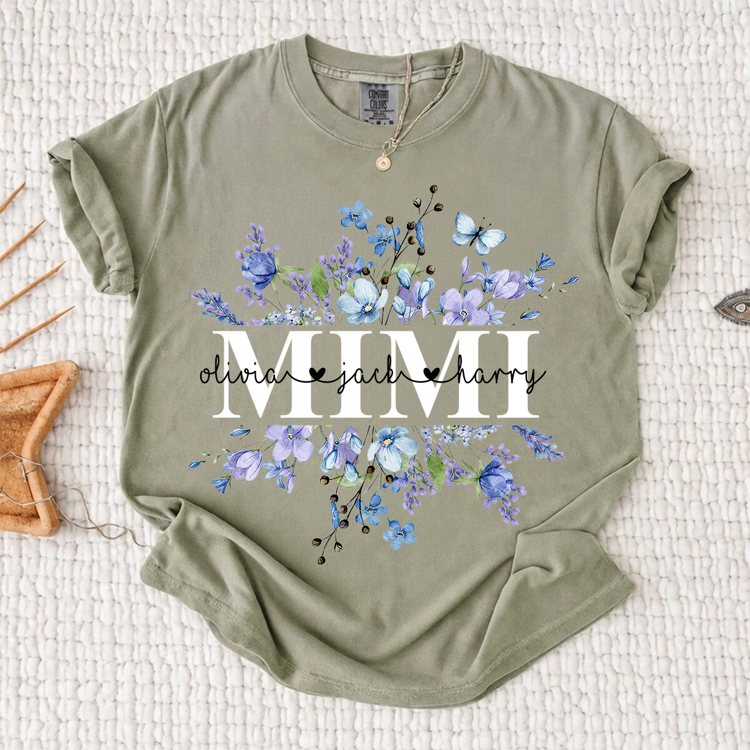 Comfort Colors Personalized Mimi Shirt Blue Wildflower Design Custom Grandma Nana Gigi Name Tee with Grandkids Names Elegant Family Outfit for Women
