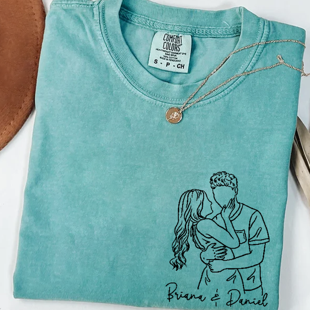 Custom Couple Line Art Comfort Colors Shirt, Personalized Photo Outline Portrait T Shirt, Matching Couple Shirt, Minimal Drawing Love Design