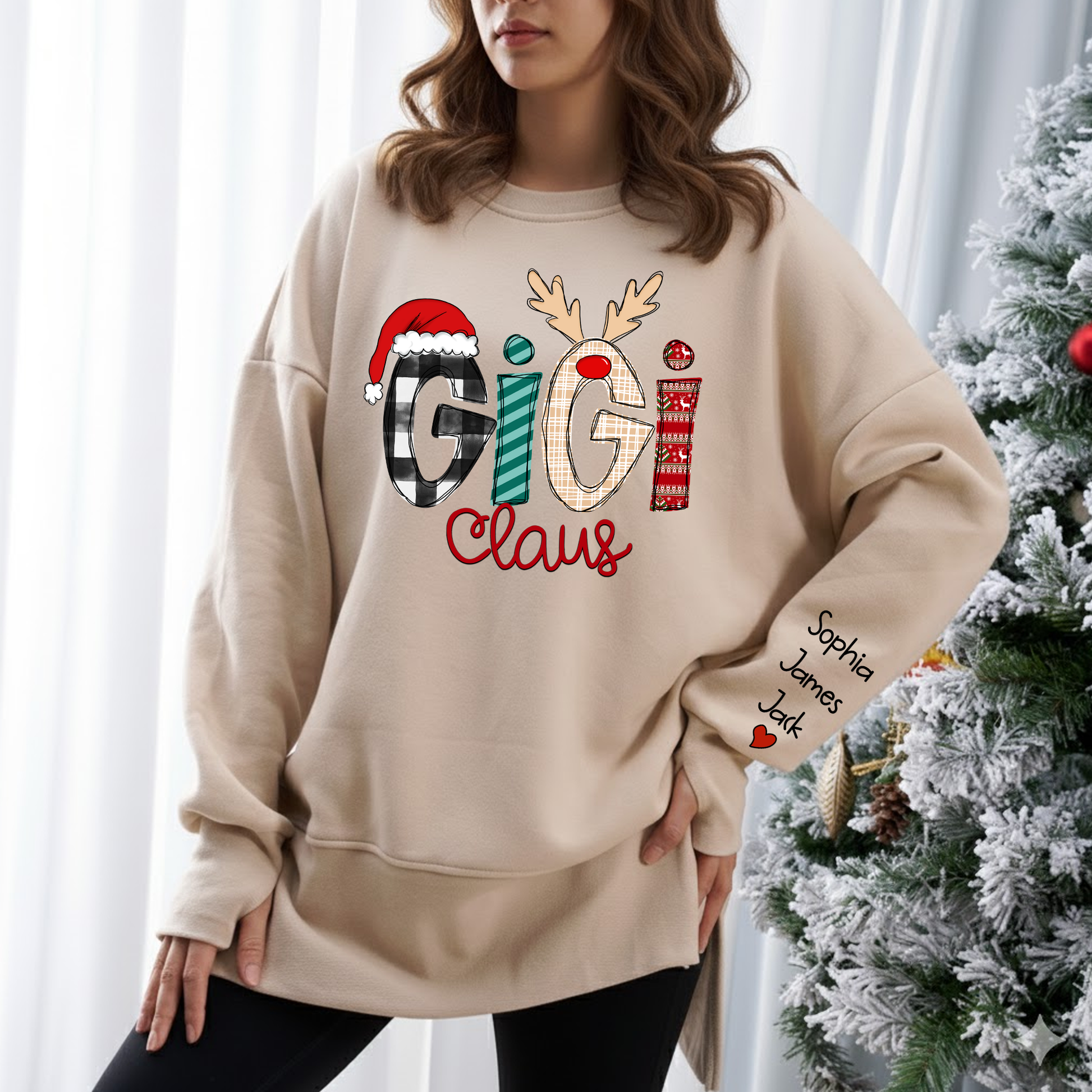 Personalized Gigi Claus Oversized Sweatshirt for Christmas – Custom Name Sleeve, Cozy Thumbhole Long Sleeve Holiday Pullover for Proud Gigi