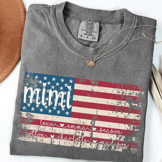 Comfort Colors Personalized Mimi American Flag Shirt With Grandkids Names, Custom Patriotic Mimi Shirt for Family, Meaningful USA Flag Design Apparel for Women and Grandma