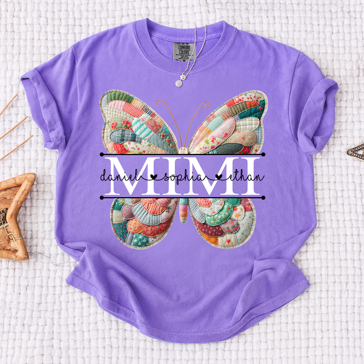 Custom Mimi T Shirt with Butterfly Patchwork Graphic, Personalized Family Names Tee