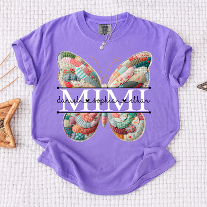 Custom Mimi T Shirt with Butterfly Patchwork Graphic, Personalized Family Names Tee