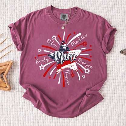 Personalized MIMI Fireworks America Flag Shirt – Custom Grandma Tee with Grandkids Names