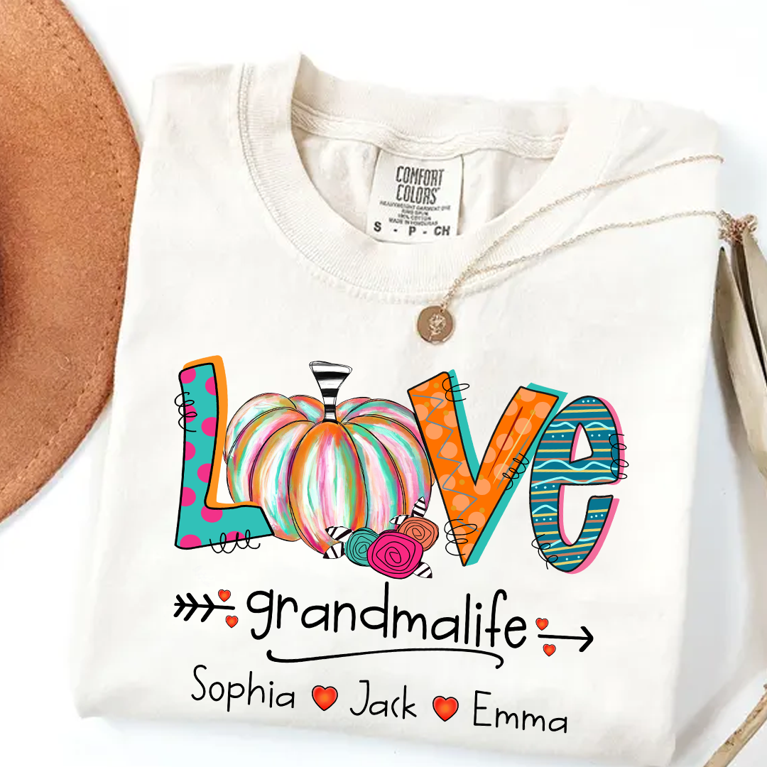 Comfort Colors® Grandma Life Pumpkin Shirt with Grandkids Names – Fall Personalized Gift for Nana, Gigi